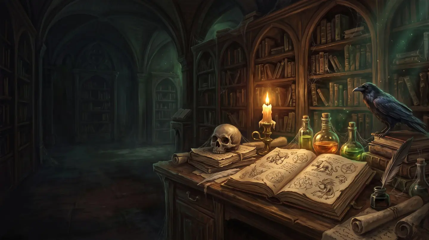 Pintura: um livro aberto sobre a mesa de uma biblioteca, à luz de vela, entre frascos e pergaminhos.