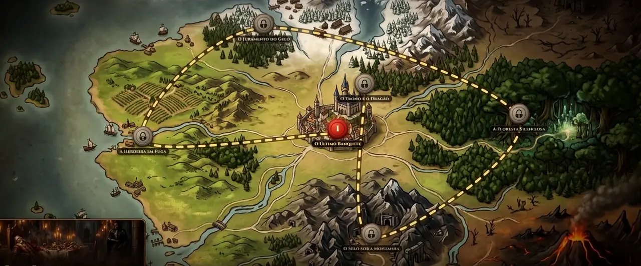 O mapa da campanha no jogo: a costa, as florestas, o gelo do norte e as montanhas, com o caminho das missões tracejado.