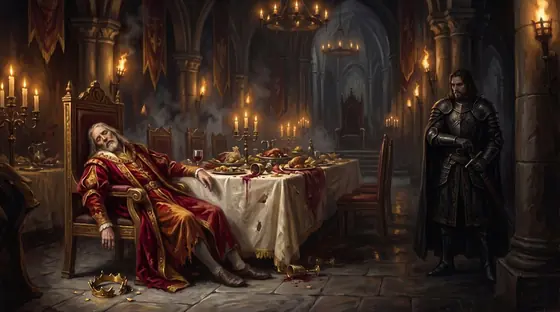 Pintura: o rei caído à mesa do banquete, e Morvan de armadura negra nas sombras.