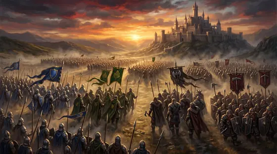Pintura: exércitos de quatro estandartes diante de um castelo ao pôr do sol.